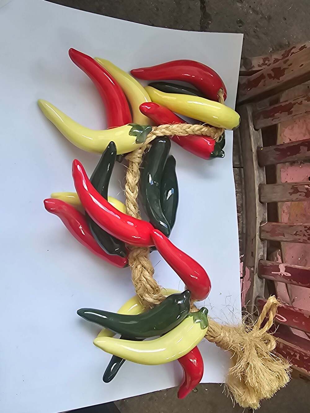 Vintage Ceramic Ristra Multicolor Chili Peppers Porcelain with Twine Hang